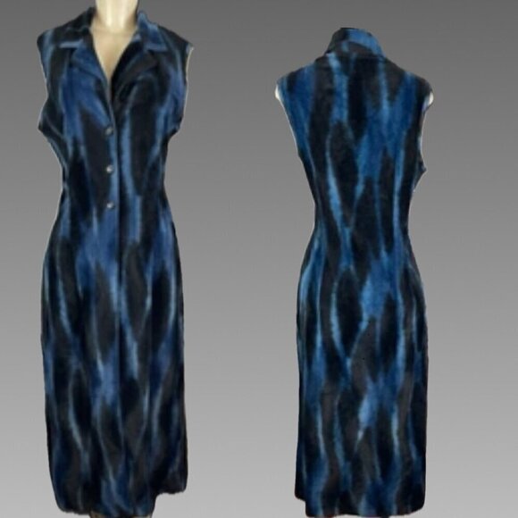 Sense Jackets & Blazers - Sense M Blue/Black Animal Print Velour 3 Button Closure Sleeveless Midi Topper